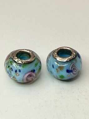 Sterling Silver Floral Murano Style Blue Glass Charm European Bracelet Charm